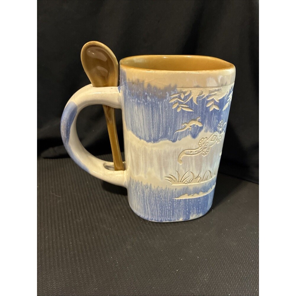 Cozumel Gecko Souvenir Mug & Spoon Set - My Cafe Handcrafted Drip Glaze Pottery